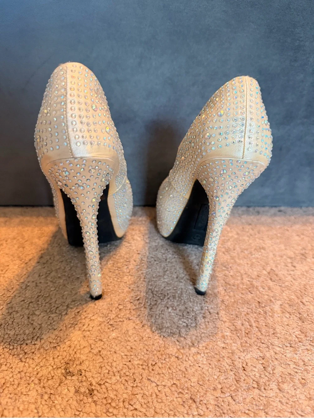 Embellished Crystal Platform High Heels - Ivory